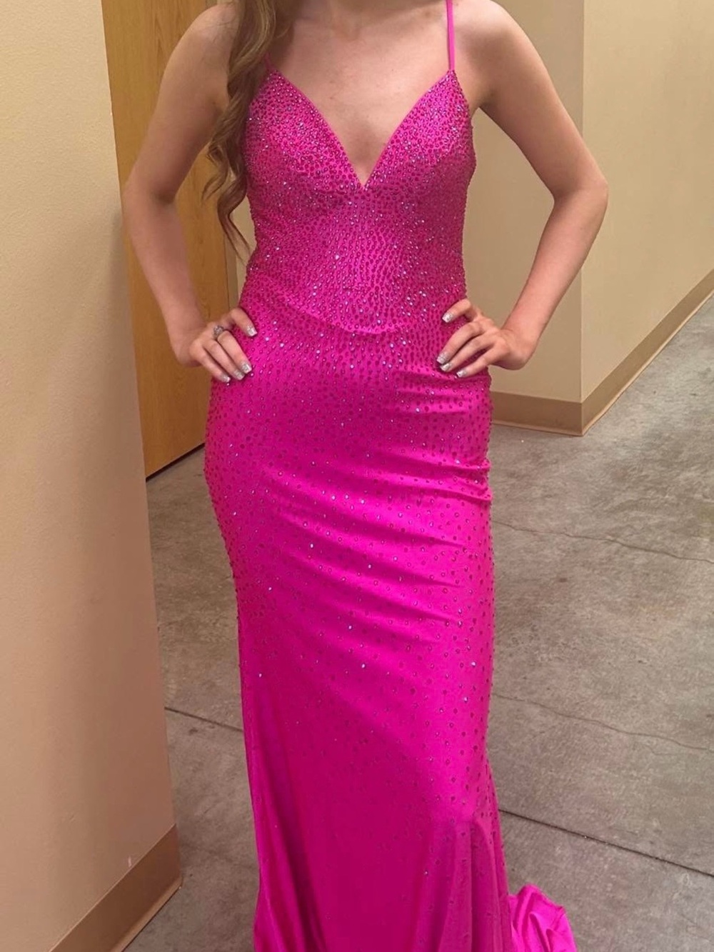 Hot Pink Beaded Spaghetti-Strap Evening Gown